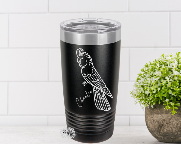 Engraved Tumbler, Cockatoo Parrot Tumbler, Stainless Steel Coffee Cup, Personalized With Your Parrot's Name, Slider Lid Coffee Cup