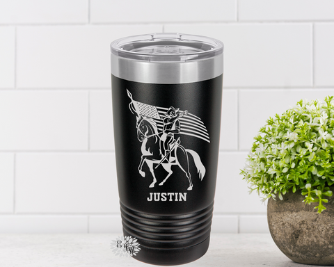Engraved Tumbler, Cavalry On Horse Blowing Bugle Tumbler, Personalized Cavalry Coffee Cup, Stainless Steel Coffee Tumbler, Slider Lid Cup