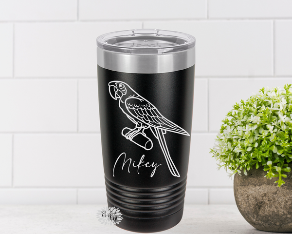 Engraved Tumbler, Macaw Parrot Tumbler, Stainless Steel Coffee Cup, Personalized With Your Parrot's Name, Slider Lid Coffee Cup