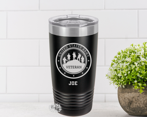 Engraved Tumbler, United States Veteran Tumbler, Personalized US Veteran Coffee Cup, Stainless Steel Coffee Tumbler, Slider Lid Cup