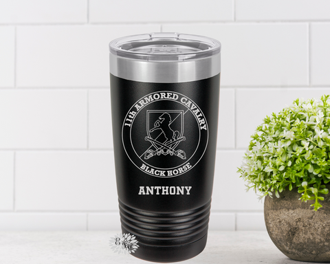 Engraved Tumbler, 11th Armored Cavalry Tumbler, Personalized Black Horse Coffee Cup, Stainless Steel Coffee Tumbler, Slider Lid Coffee Cup