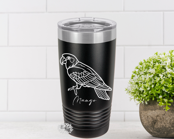 Engraved Tumbler, Personalized Parrot Tumbler, Stainless Steel Coffee Cup, Personalized With Your Parrot's Name, Slider Lid Coffee Cup