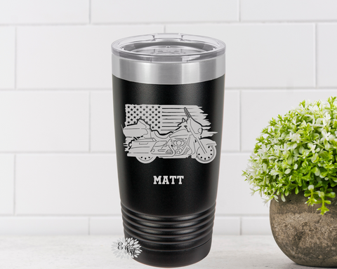 Engraved Tumbler, Motorcycle Tumbler, Personalized Motorcycle Coffee Cup, Motorcycle Flag Stainless Steel Coffee Tumbler, Slider Lid Cup