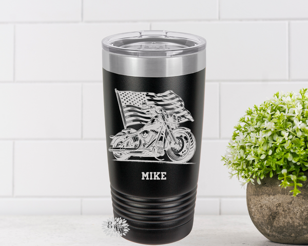 Engraved Tumbler, Motorcycle Tumbler, Personalized Motorcycle Coffee Cup, Motorcycle Flag Stainless Steel Coffee Tumbler, Slider Lid Cup