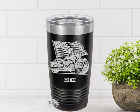 Engraved Tumbler, Motorcycle Tumbler, Personalized Motorcycle Coffee Cup, Motorcycle Flag Stainless Steel Coffee Tumbler, Slider Lid Cup