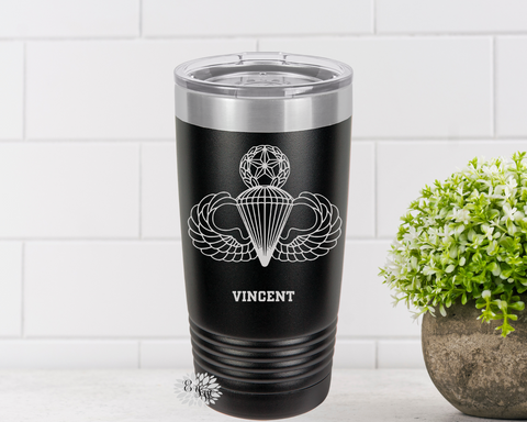 Engraved Tumbler, Master Parachutist Badge Tumbler, Personalized Military Badge Coffee Cup, Stainless Steel Tumbler, Slider Lid Cup