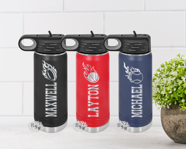 Sports Water Bottle, Engraved Water Bottle With Straw 3 SIZES, Baseball, Football, or Basketball Bottle, Stainless Steel Custom Water Bottle