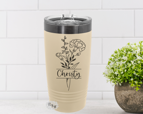 Engraved Tumbler, Personalized Birth Month Flower Cup, Etched Tumbler, Etched Coffee Tumbler With Sliding Lid Option, Lots Of Colors