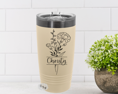 Engraved Tumbler, Personalized Birth Month Flower Cup, Etched Tumbler, Etched Coffee Tumbler With Sliding Lid Option, Lots Of Colors