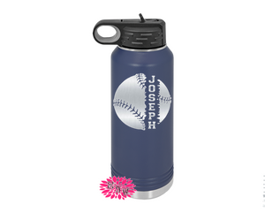 Engraved Water Bottle, Personalized Baseball Water Bottle With Straw, 4 SIZES, Stainless Steel Water Bottle, Stainless Steel Sports Bottle