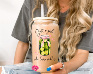 Iced Coffee Glass, Pickle Lover Glass, Just A Girl Who Loves Pickles Iced Coffee Glass, 16oz Pint Glass Lid & Straw, Pickle Iced Coffee