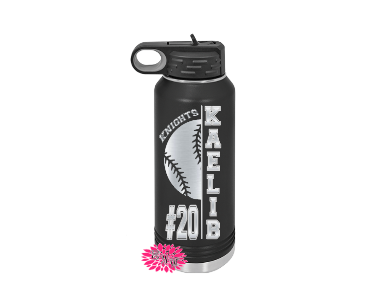 Engraved Water Bottle, Etched Water Bottle With Straw 4 SIZES, Baseball Bottles For Team, Stainless Steel Water Bottle, Custom Sports Bottle