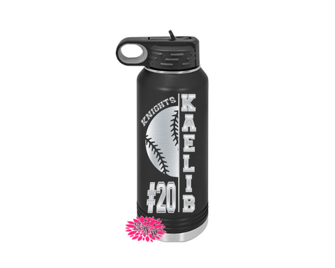 Engraved Water Bottle, Etched Water Bottle With Straw 4 SIZES, Baseball Bottles For Team, Stainless Steel Water Bottle, Custom Sports Bottle