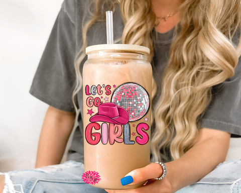 Iced Coffee Glass, Let's Go Girls Iced Coffee Glass 16oz Pint Glass Lid & Straw, Bachelorette Party Glass, UV Printed Coffee Glass