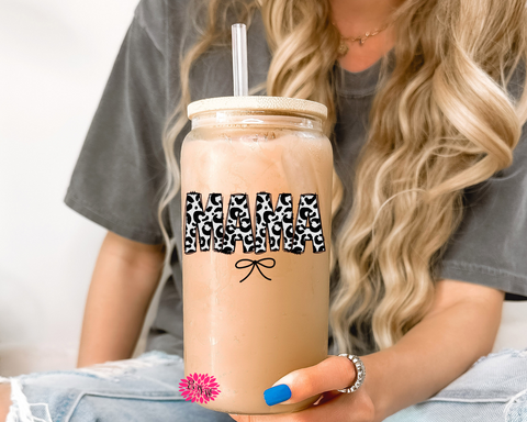 Iced Coffee Glass, Mother's Day Glass, Mama Cheetah Letters Coquette Bow, 16oz Pint Glass Lid & Straw, Mama Iced Coffee Glass, Beer Glass