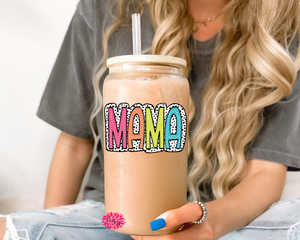 Mama Dalmation Letters Iced Coffee Glass, Mother's Day Glass, 16oz. Pint Glass Lid & Straw, Bright Letters Iced Coffee Glass, Beer Glass Can