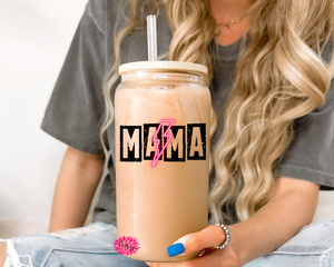 Iced Coffee Glass, Mother's Day Glass, Mama Grunge Letters, Mama Lightning Bolt, 16oz Pint Glass Lid & Straw, Mama Iced Coffee Glass