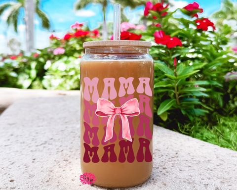 Iced Coffee Glass, Mother's Day Glass, Mama Coquette Bow, 16oz Pint Glass Lid & Straw, Mama Iced Coffee Glass, Beer Glass