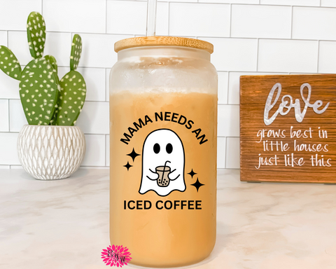 Iced Coffee Glass, Mama Need An Iced Coffee Glass, Boba Ghost Glass 16oz. Glass Lid & Straw, Fall Iced Coffee Glass With Lid, Halloween Cup