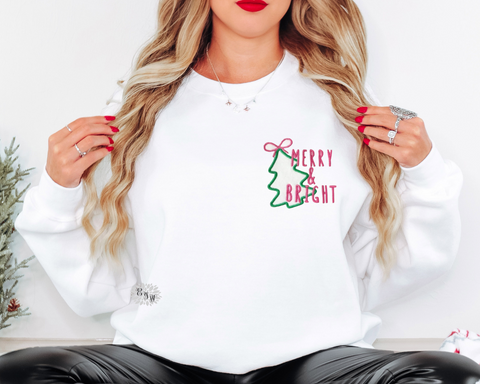 Merry And Bright Embroidered Sweatshirt, Christmas Crewneck Sweatshirt, Christmas Embroidered Adult Sweatshirt Many Shirt & Thread Colors