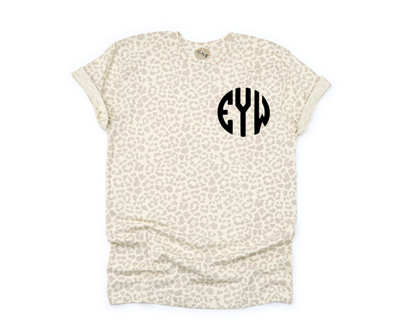 Leopard Tee, Personalized Leopard T-Shirt, Monogrammed Tee, Monogram Crewneck T-Shirt, Monogrammed T-Shirt, Other Tee And Text Colors