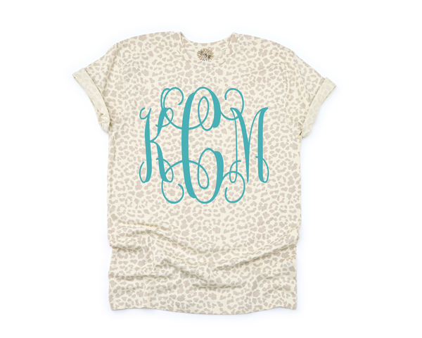 Leopard Tee, Personalized Leopard T-Shirt, Monogrammed Tee, Monogram Crewneck T-Shirt, Monogrammed T-Shirt, Other Tee And Text Colors