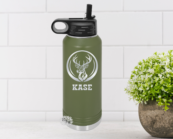 Hunting Water Bottle, Personalized Hunting Buck Deer Water Bottle With Straw, Outdoorsman Engraved Bottle, 4 SIZES Stainless Water Bottle