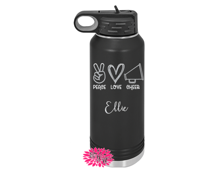 Cheerleader Bottle, Engraved Water Bottles, Personalized Cheer Gifts, Personalized Cheer Bottle, Cheerleader Water Bottle, Peace Love Cheer