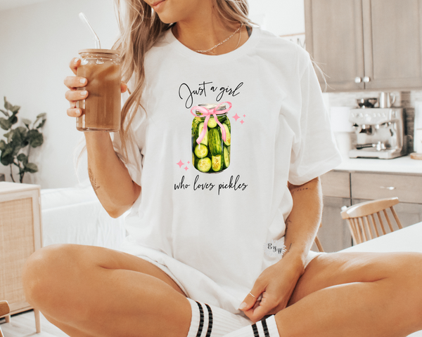 Pickle T-Shirt, Just A Girl Who Loves Pickles Crewneck Tee Shirt, Pickle Lover Tee, Coquette Bow Pickle T Shirt, Pickle Tee. Lots Of Colors