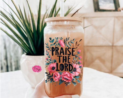 Iced Coffee Glass, Praise The Lord Iced Coffee Glass 16oz. Pint Glass Lid & Straw, Iced Coffee Glass, Boho Floral Religious Glass