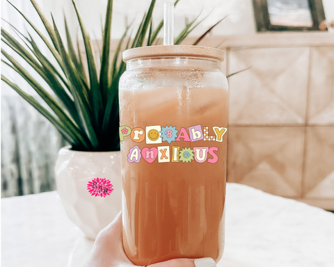 Iced Coffee Glass, Probably Anxious Iced Coffee Glass 16oz. Pint Glass Lid & Straw, Iced Coffee Glass, Beer Glass, Probably Anxious Glass