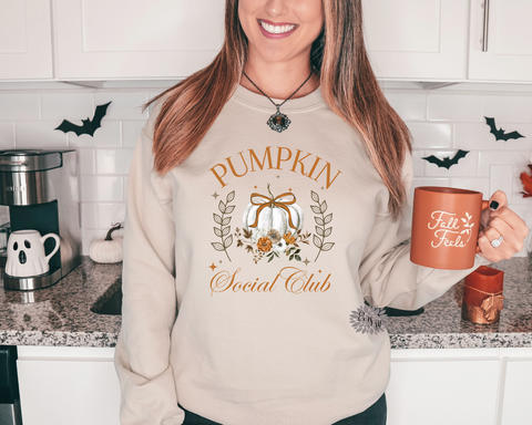 Fall Sweatshirt, Pumpkin Social Club Coquette Bow Sweatshirt, Halloween Adult Sweatshirt, Halloween Sweatshirt, Many Colors