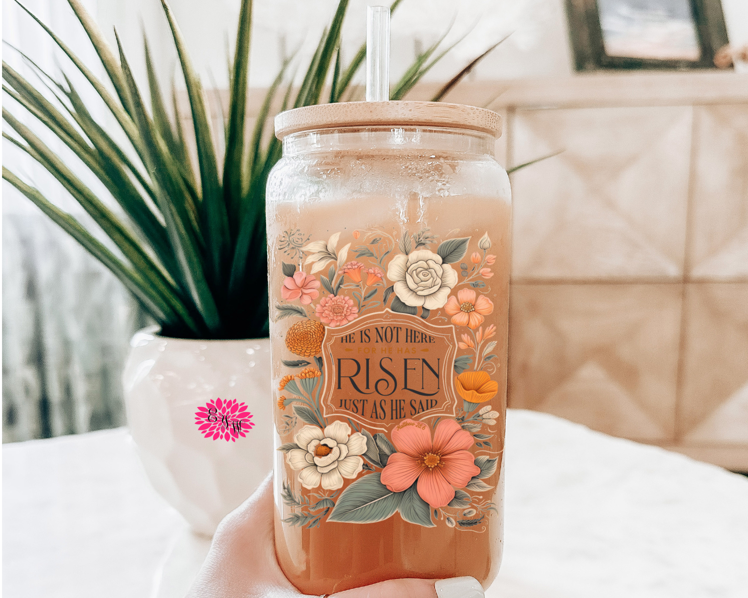 Easter Iced Coffee Glass, He Is Not Here For He Has Risen Iced Coffee Glass 16oz. Pint Glass Lid & Straw, Iced Coffee Glass, Beer Glass