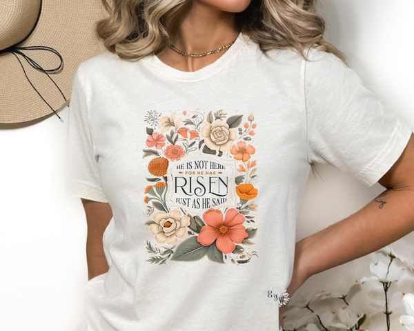 Easter Tee Shirt, He Has Risen Crewneck Tee Shirt, Inspirational Adult T Shirt, Religious Inspirational Easter Tee. Lots Of Colors