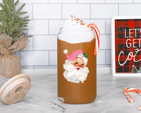 Iced Coffee Glass, Santa Claus Iced Coffee Glass, Pink Santa Glass 16oz. Glass Lid & Straw, Winter Iced Coffee Glass With Lid, Christmas Cup