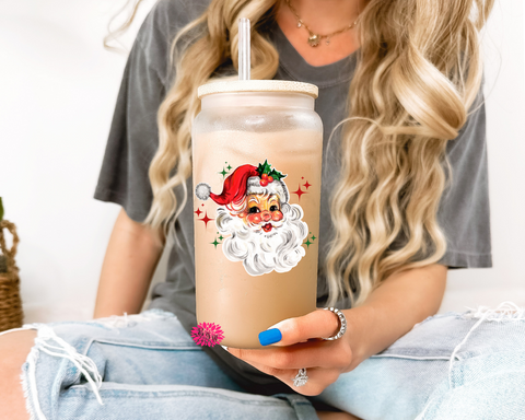 Iced Coffee Glass, Santa Claus Iced Coffee Glass, Santa Glass 16oz. Glass Lid & Straw, Winter Iced Coffee Glass With Lid, Christmas Cup