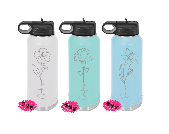 Birth Month Flower Bottle, Engraved Birth Month Water Bottle, Water Bottle With Name, Straw, 4 SIZES Insulated Water Bottle, Stainless Steel