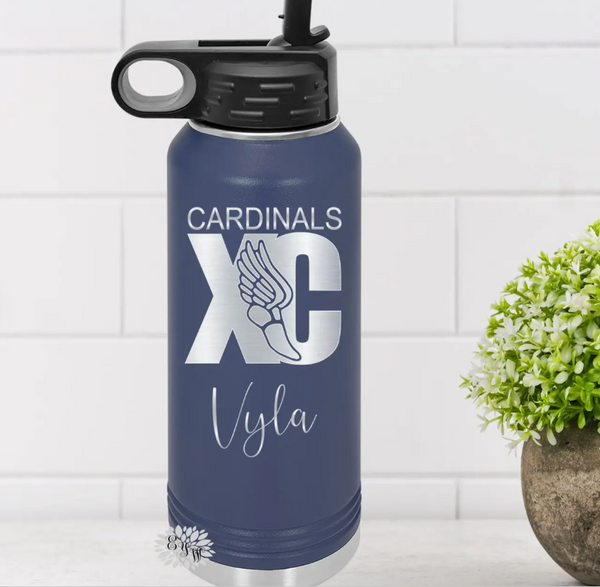 7 - 20oz Engraved Purple 20oz Water Bottles - Ironmen above the XC - font#37 for the 2 boys names are Jack and Griffin.  We have 5 girls font#2 Odin, Janie, Izzy, Zoe, and Cleo.