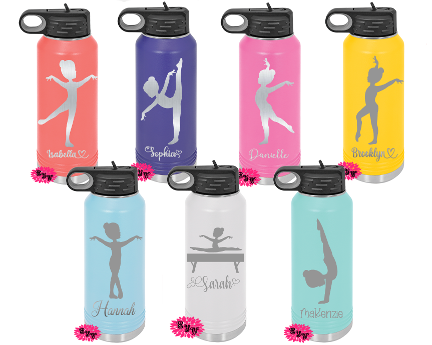 Engraved Water Bottle, Etched Water Bottle With Straw, Personalized Gymnastic Stainless Steel Water Bottle, 4 SIZES, Gymnastics Water Bottle