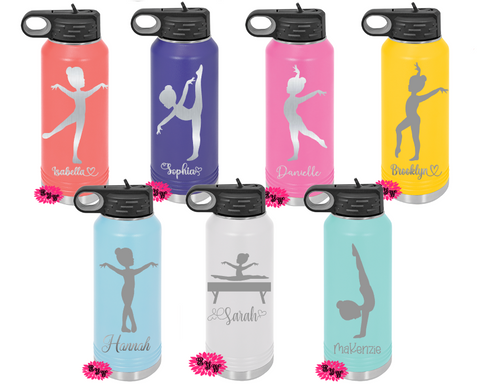 Engraved Water Bottle, Etched Water Bottle With Straw, Personalized Gymnastic Stainless Steel Water Bottle, 4 SIZES, Gymnastics Water Bottle