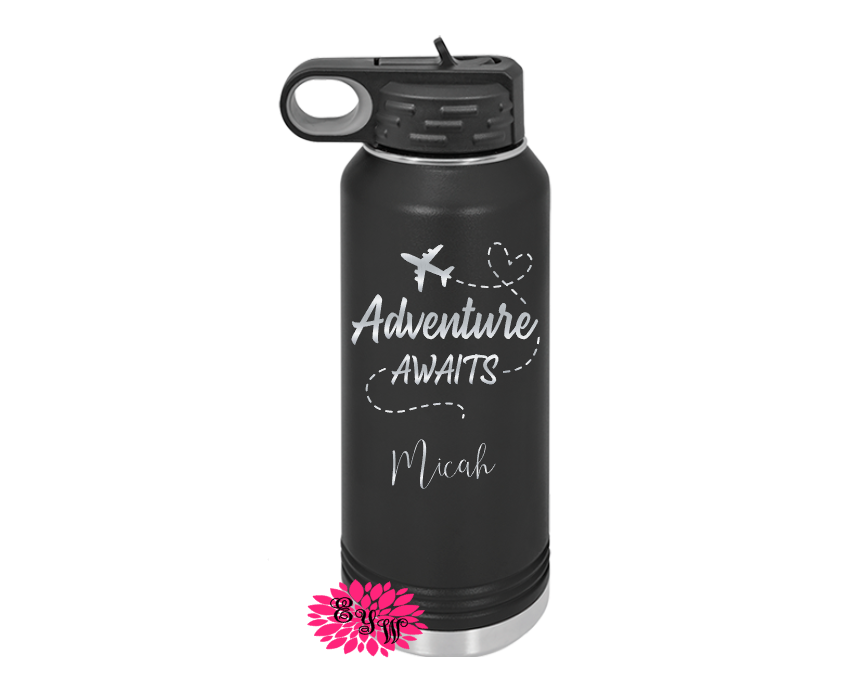 Engraved Water Bottle, Personalized Vacation Etched Water Bottle With Straw, Custom 4 SIZES, Stainless Water Bottle, Stainless Sport Bottle