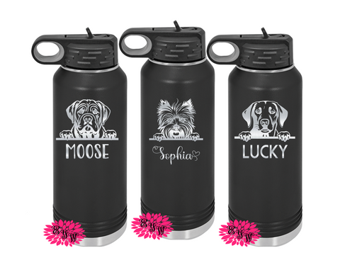 Engraved Water Bottle, Over 150 Dog Breeds, Dog Personalized Etched Water Bottle With Straw, 4 SIZES, Stainless Water Bottle, Sport Bottle