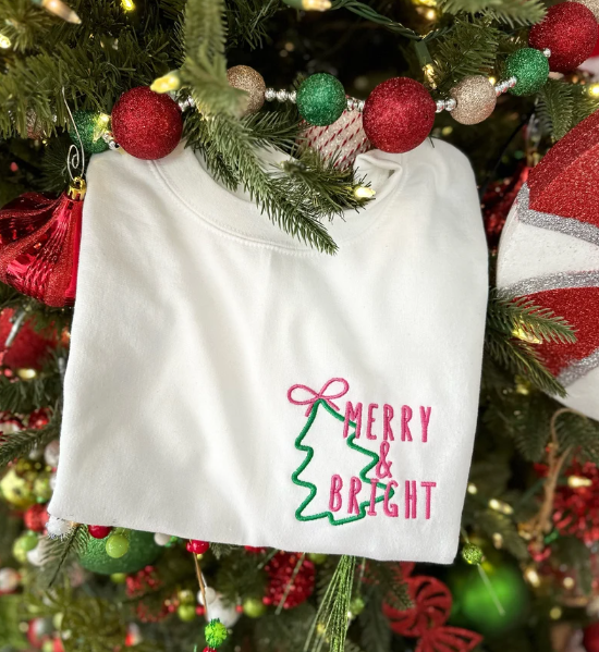 Merry And Bright Embroidered Sweatshirt, Christmas Crewneck Sweatshirt, Christmas Embroidered Adult Sweatshirt Many Shirt & Thread Colors