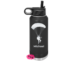 Engraved Water Bottle, Personalized Sky Diver Bottle, Etched Water Bottle With Straw, 4 SIZES Stainless Steel Water Bottle, Sky Diver Bottle