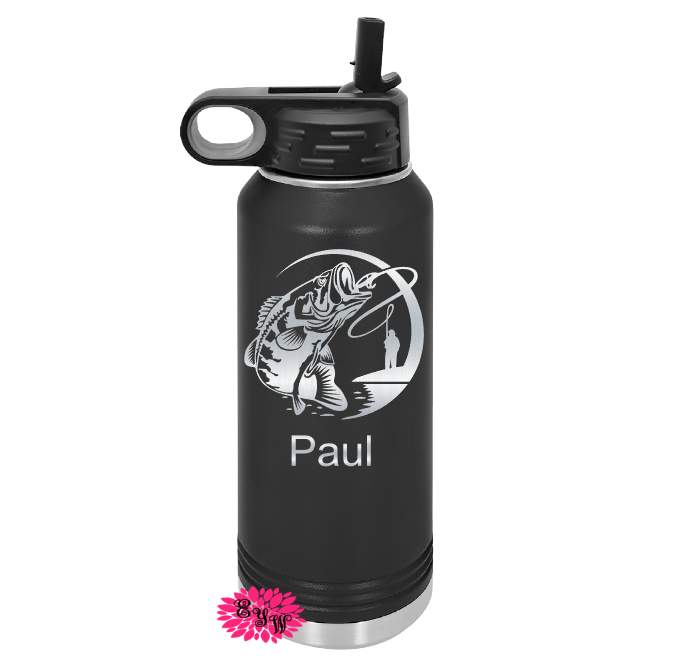 Engraved Water Bottle, Personalized Bass Fishing Bottle, 2 Sided Etched Water Bottle With Straw, 4 SIZES Stainless Steel Water Bottle