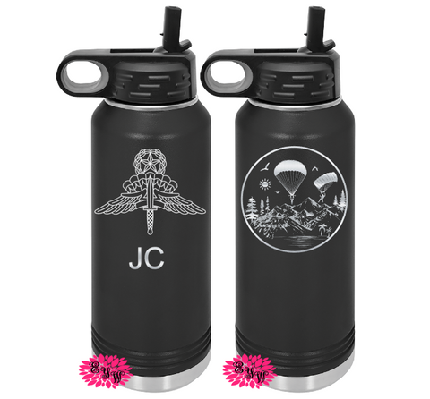 Engraved Water Bottle, Personalized Sky Diver Bottle, Free Fall Jumpmaster 2 Sided Etched Water Bottle With Straw, 4 SIZES Stainless Bottle