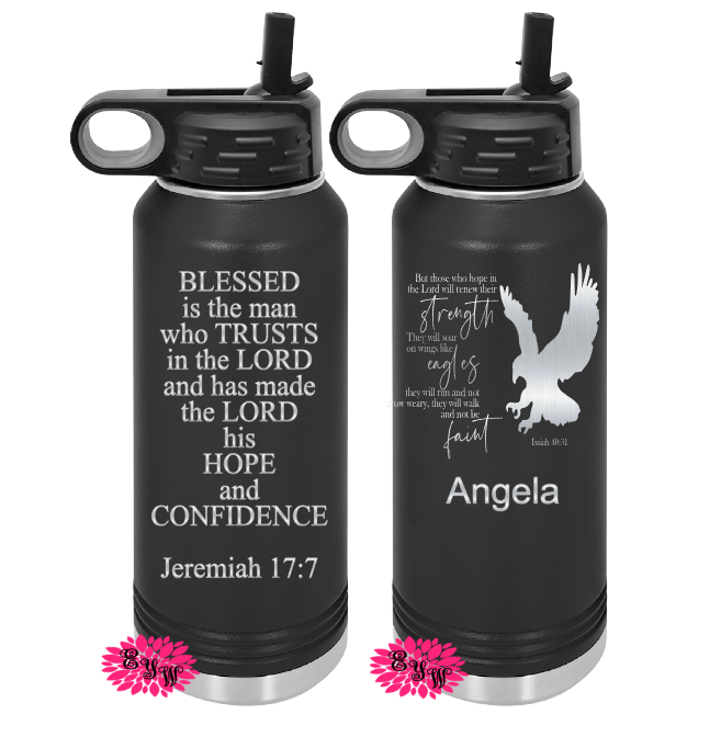 Engraved Water Bottle, Personalized Religious Bottle, Christian Bible Verse 2 Sided Etched Water Bottle With Straw, 4 SIZES Stainless Bottle