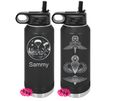 Engraved Water Bottle, Personalized Sky Diver Bottle, Free Fall Jumpmaster 2 Sided Etched Water Bottle With Straw, 4 SIZES Stainless Bottle