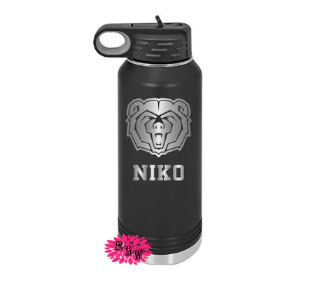 Engraved Water Bottle, Personalized Bear Mascot Water Bottle, Etched Water Bottle With Straw, 4 SIZES, Custom Stainless Steel Water Bottle