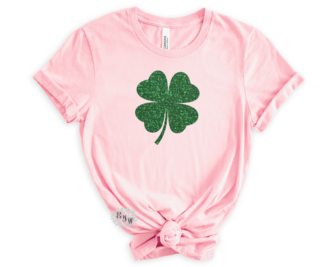 St. Patrick's Day Shirt, St. Patty's Day Tee, Glitter Shamrock Tee, Crewneck Tee Shirt, Glitter Shamrock Tee Shirt, Many Tee And Text Colors